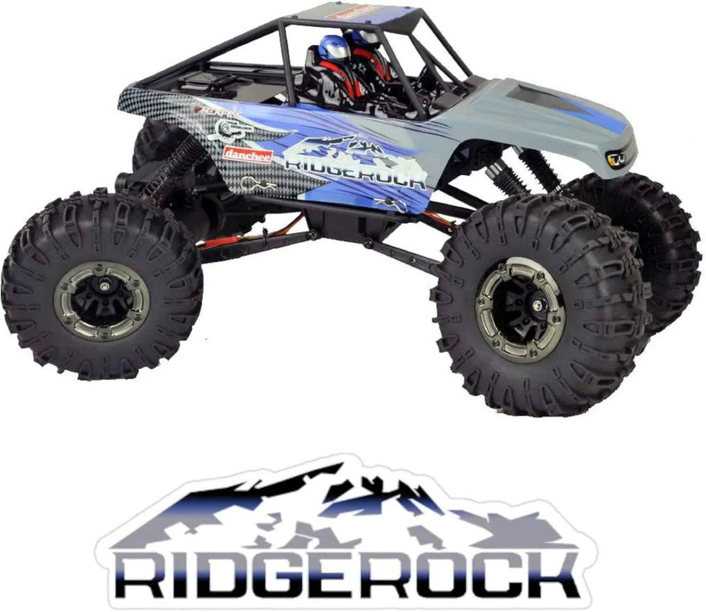 Model of a RC crawler with 'Ridgerock' branding on a white background