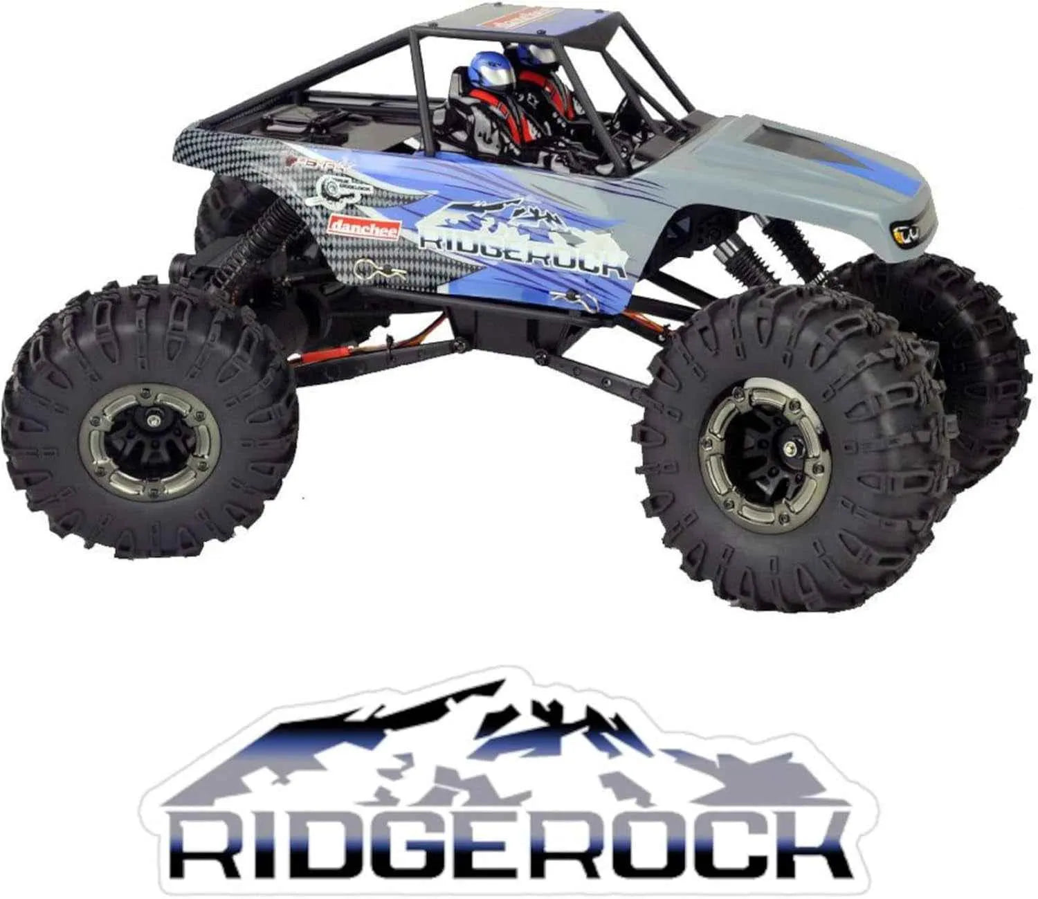 Model of a RC crawler with 'Ridgerock' branding on a white background