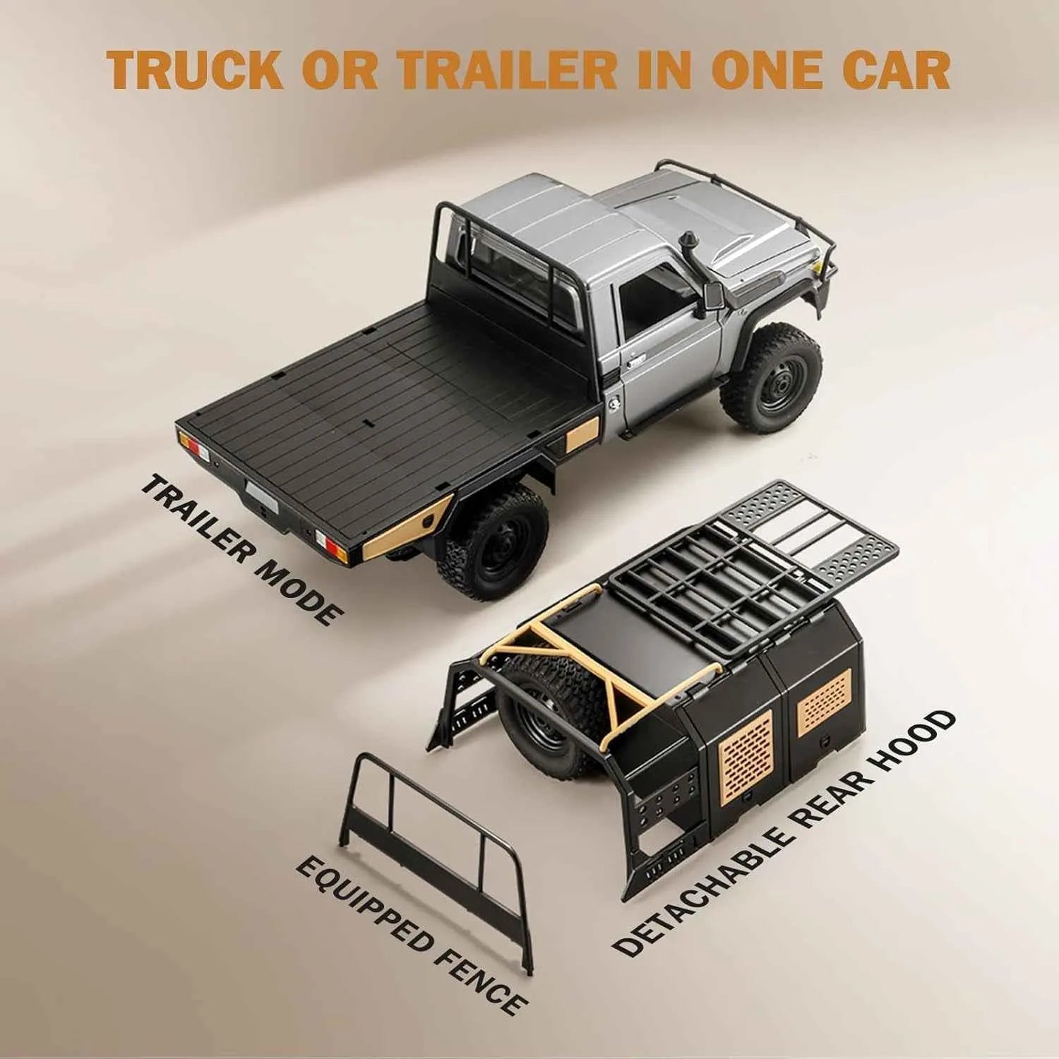 Model of a RC crawler with detachable trailer and rear hood on a beige background