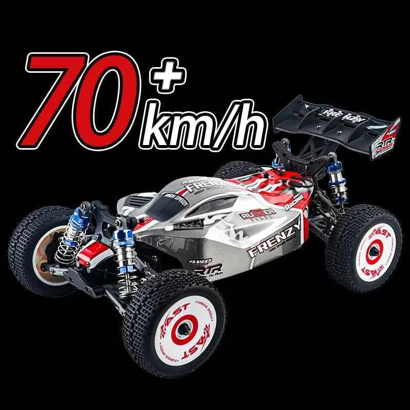 Model of a remote control buggy with '70+ km/h' text on a black background