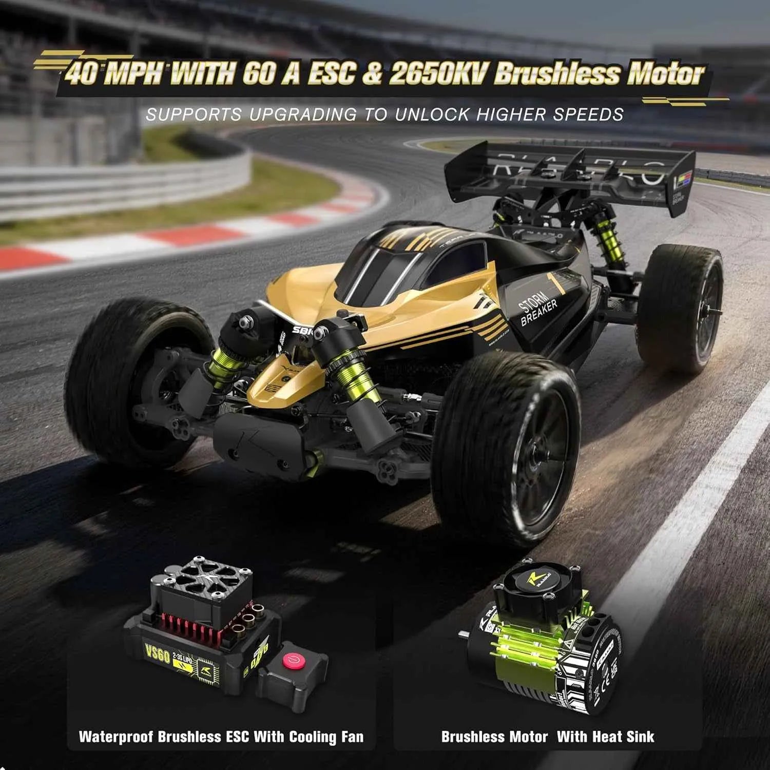 Model of a remote control buggy with electronic components on a racetrack background