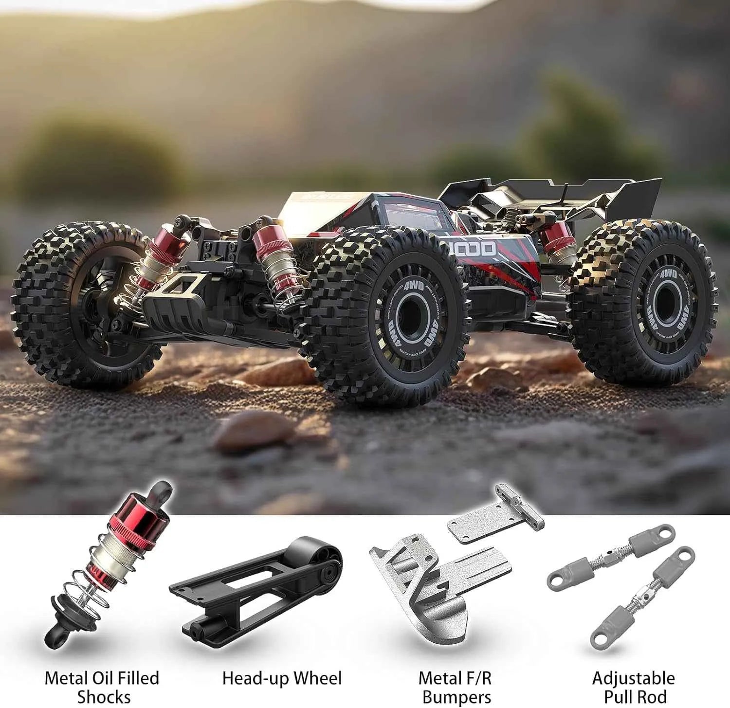 Model of a remote control monster truck with additional parts displayed below on a blurred natural background