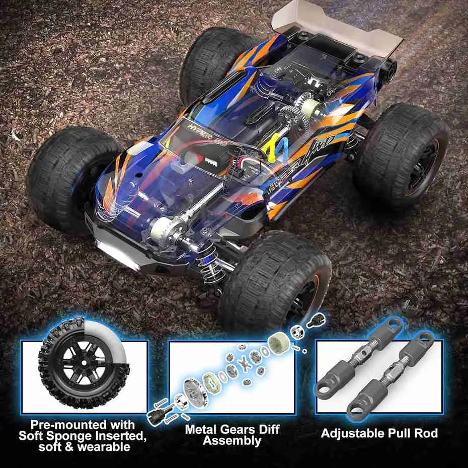 Model of a remote control monster truck with features highlighted on a textured surface