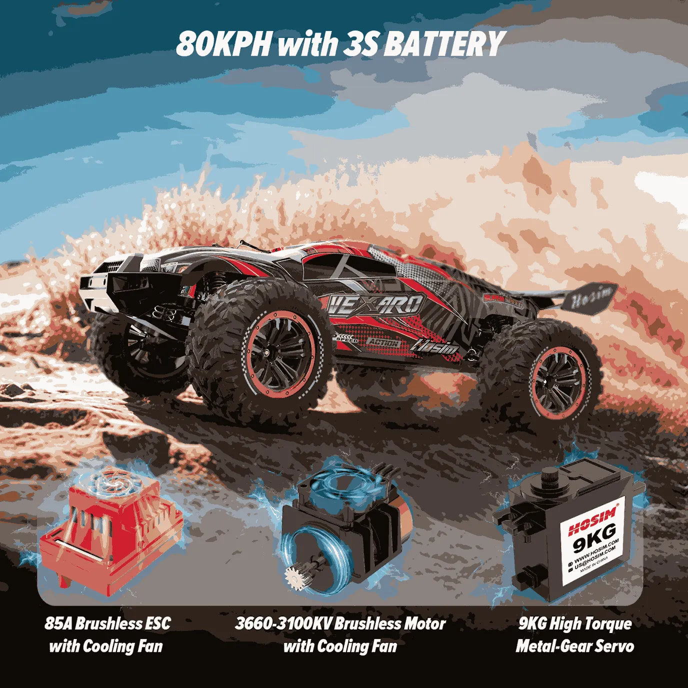 Model of a remote control monster truck with its components on a desert landscape background.