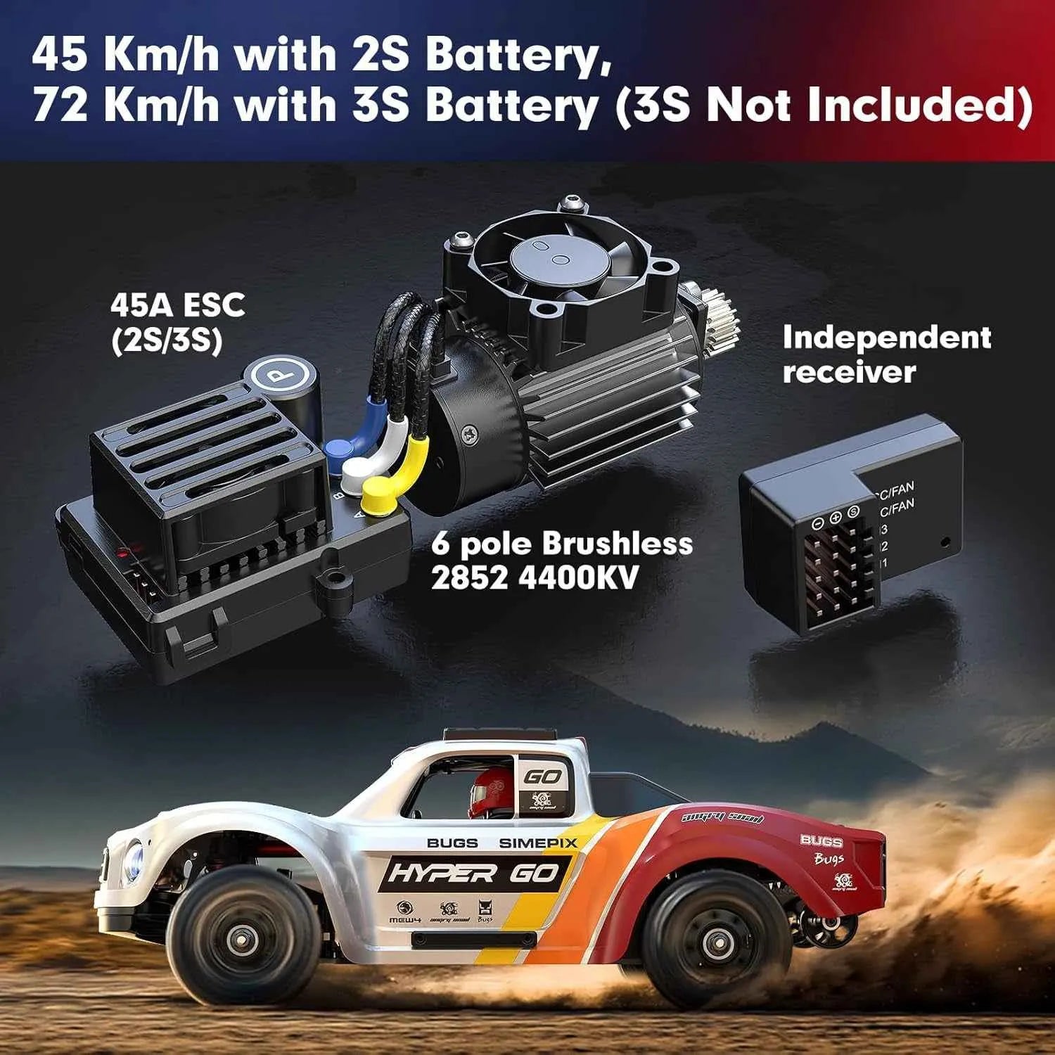 Model of a remote control short course truck with electronic components and specifications on a dark background.