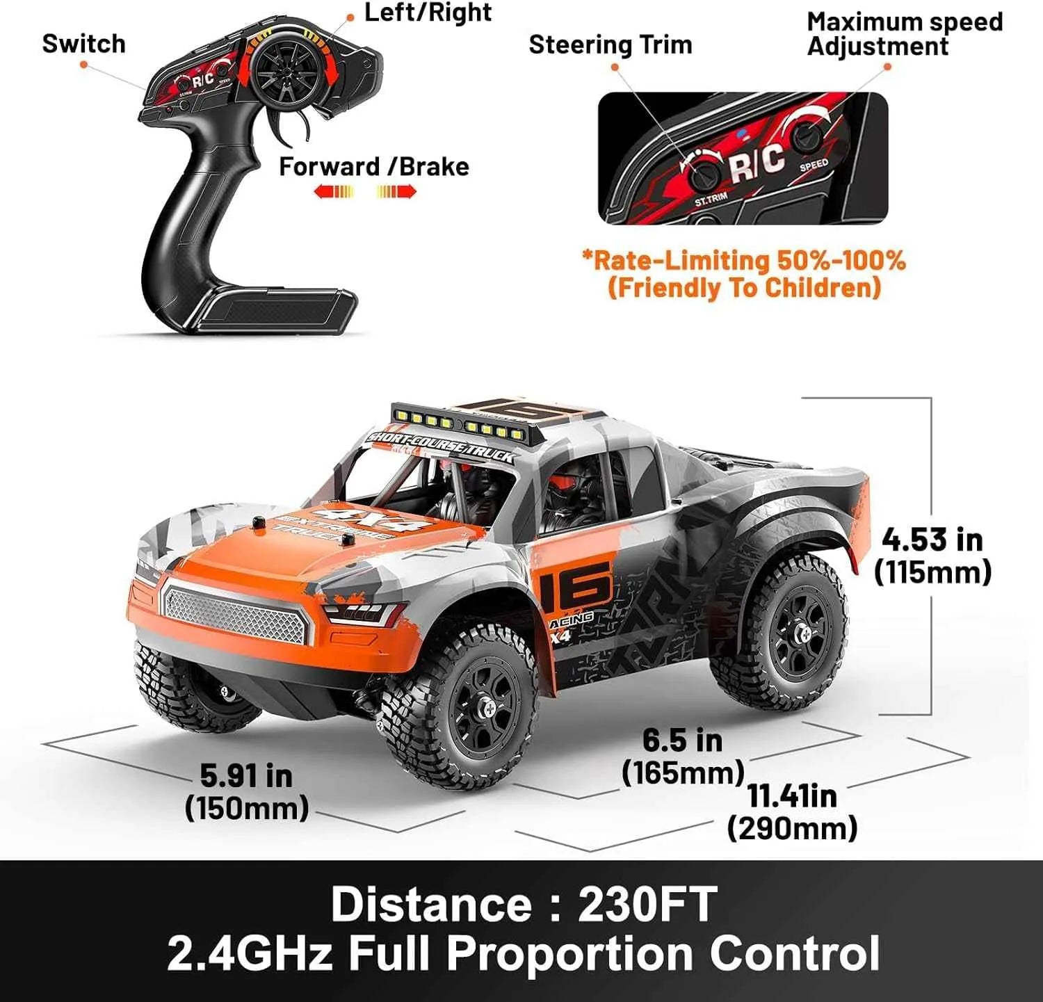Model of a remote control short course truck with labeled features and dimensions on a white background