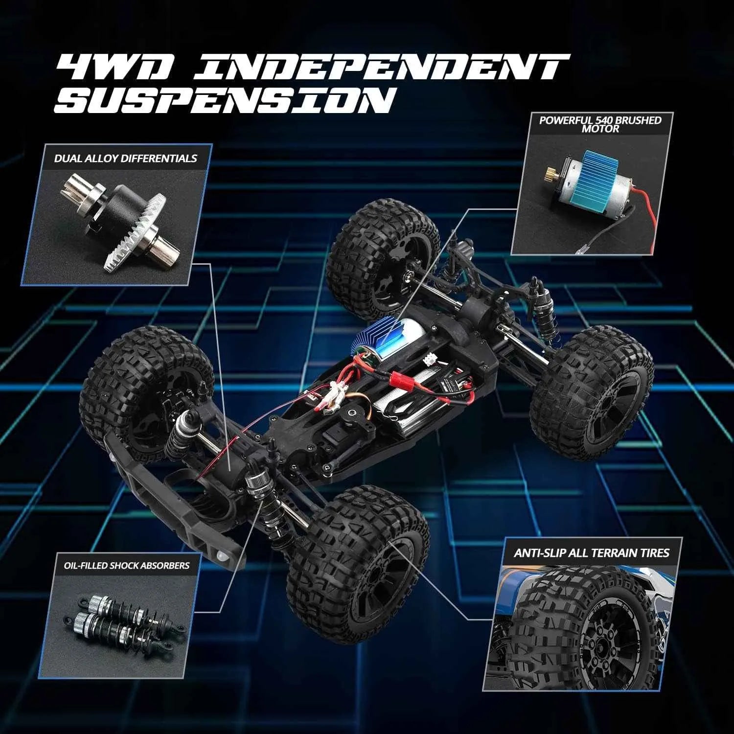 Model of a remote control truck with highlighted components on a dark background