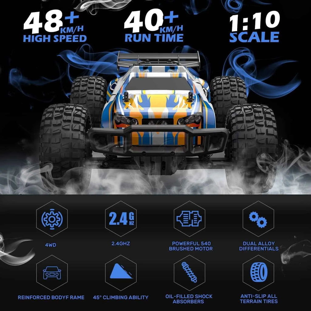 Model of a remote control truck with specifications on a dark background