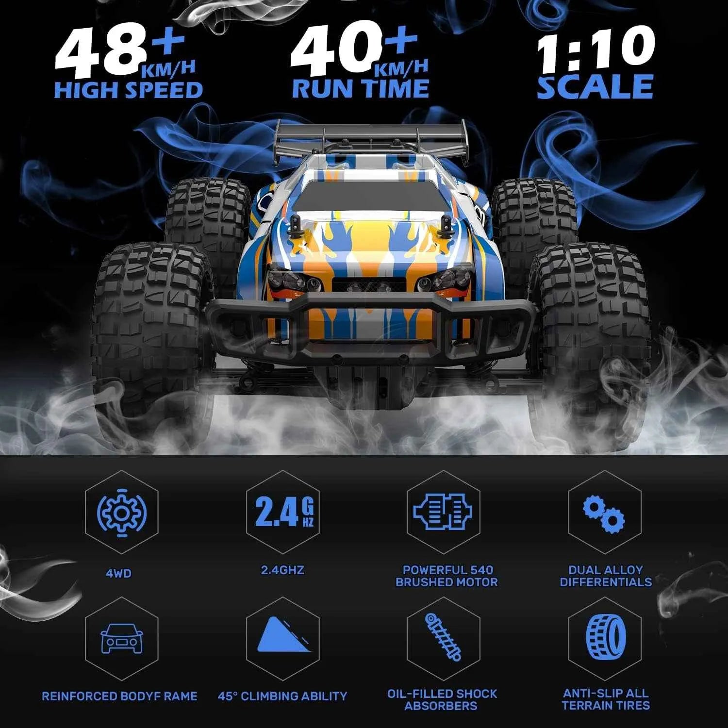 Model of a remote control truck with specifications on a dark background