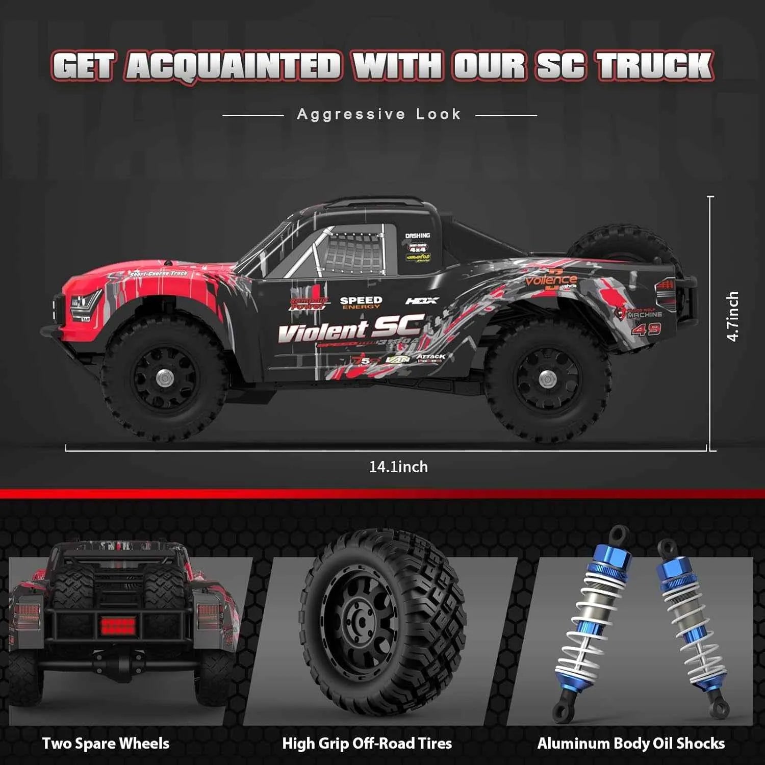 Model of a short course truck with features and specifications on a dark background