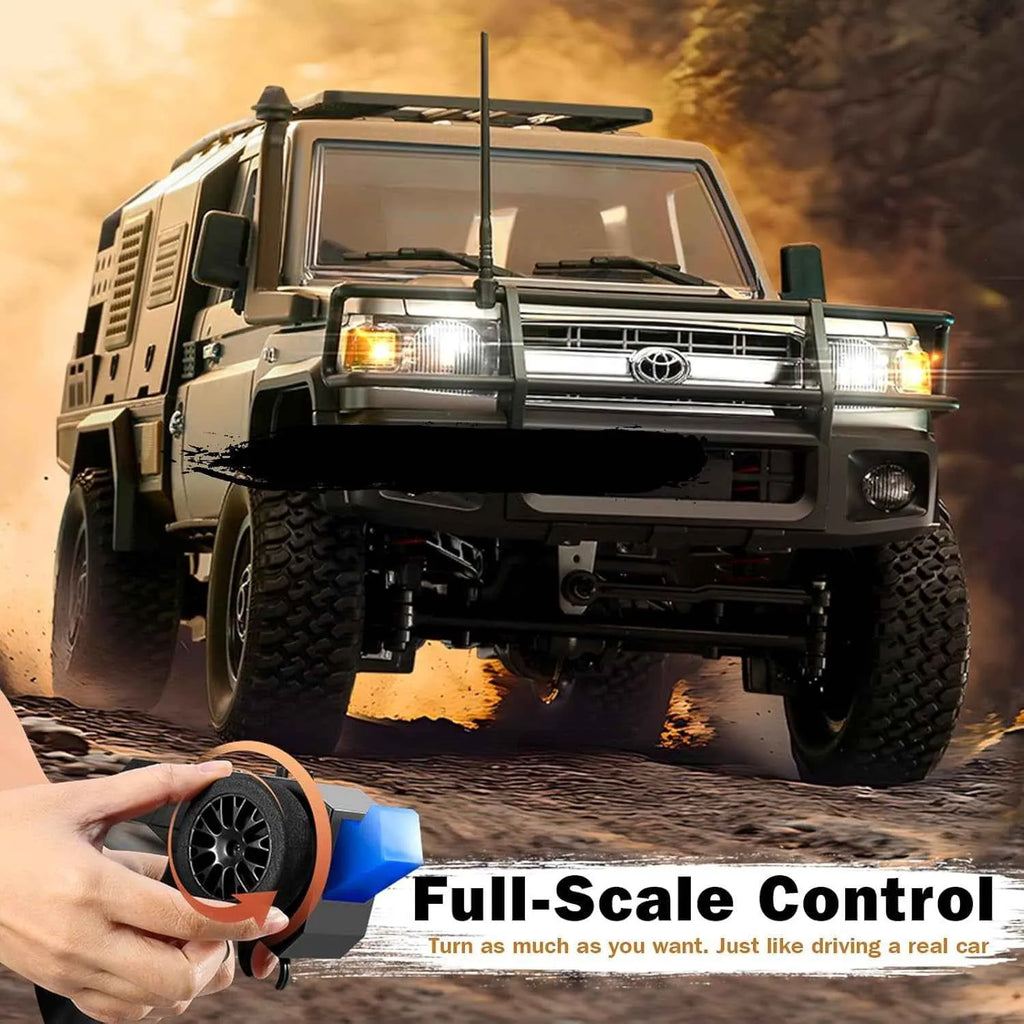 Model of a Toyota crawler on a dirt road with a hand holding a remote control, labeled 'Full-Scale Control'.