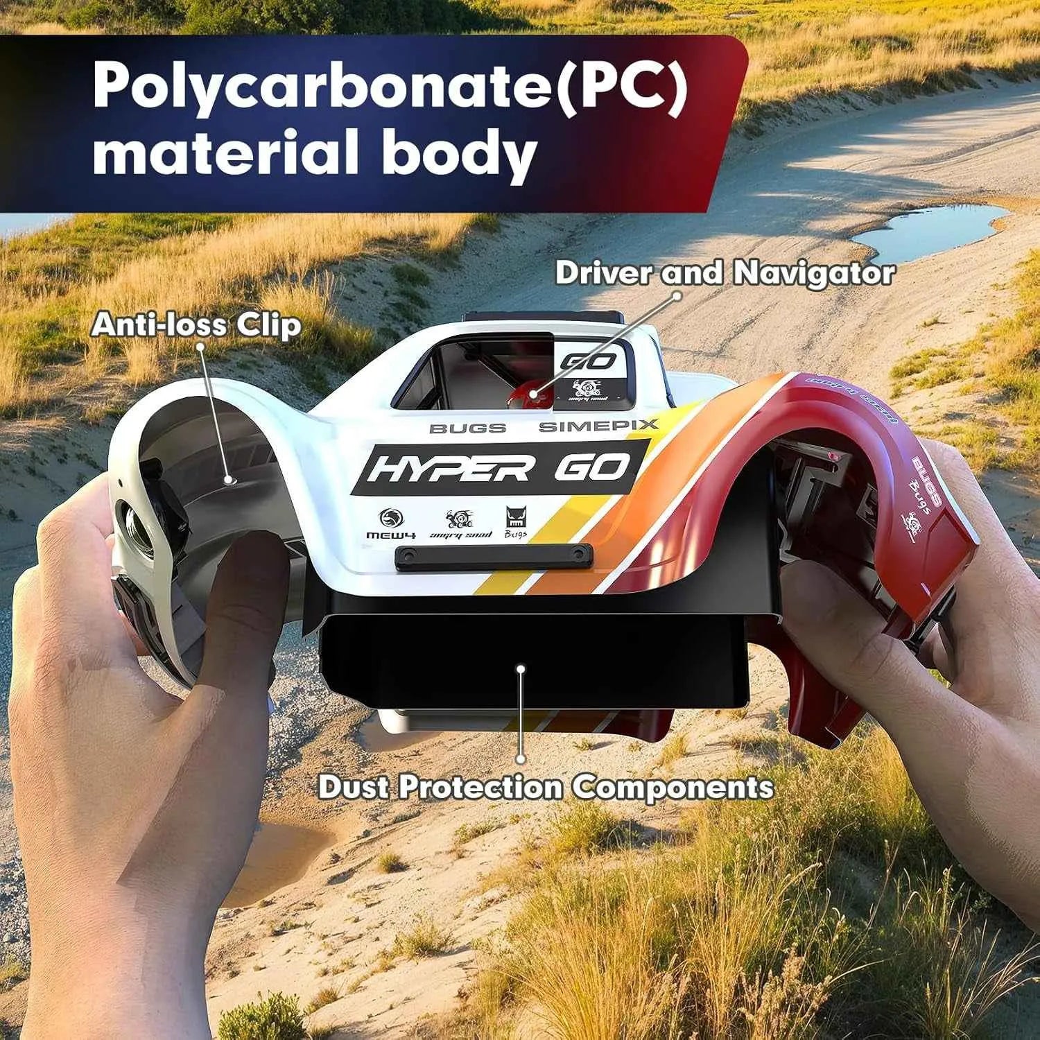 Model of a truck with labeled parts held by hands, set against a desert landscape.