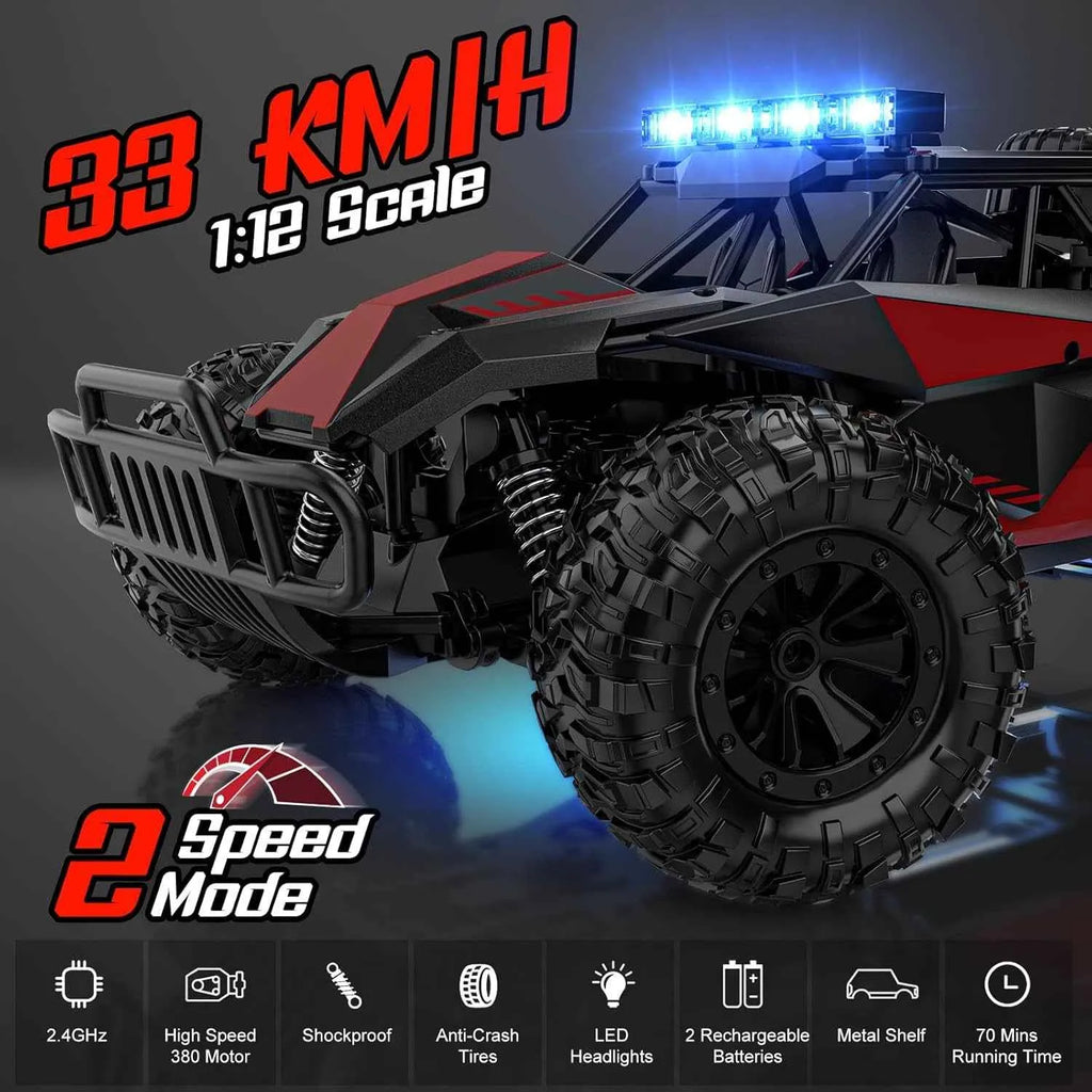Model off-road monster truck with LED lights and text indicating speed and scale on a dark background
