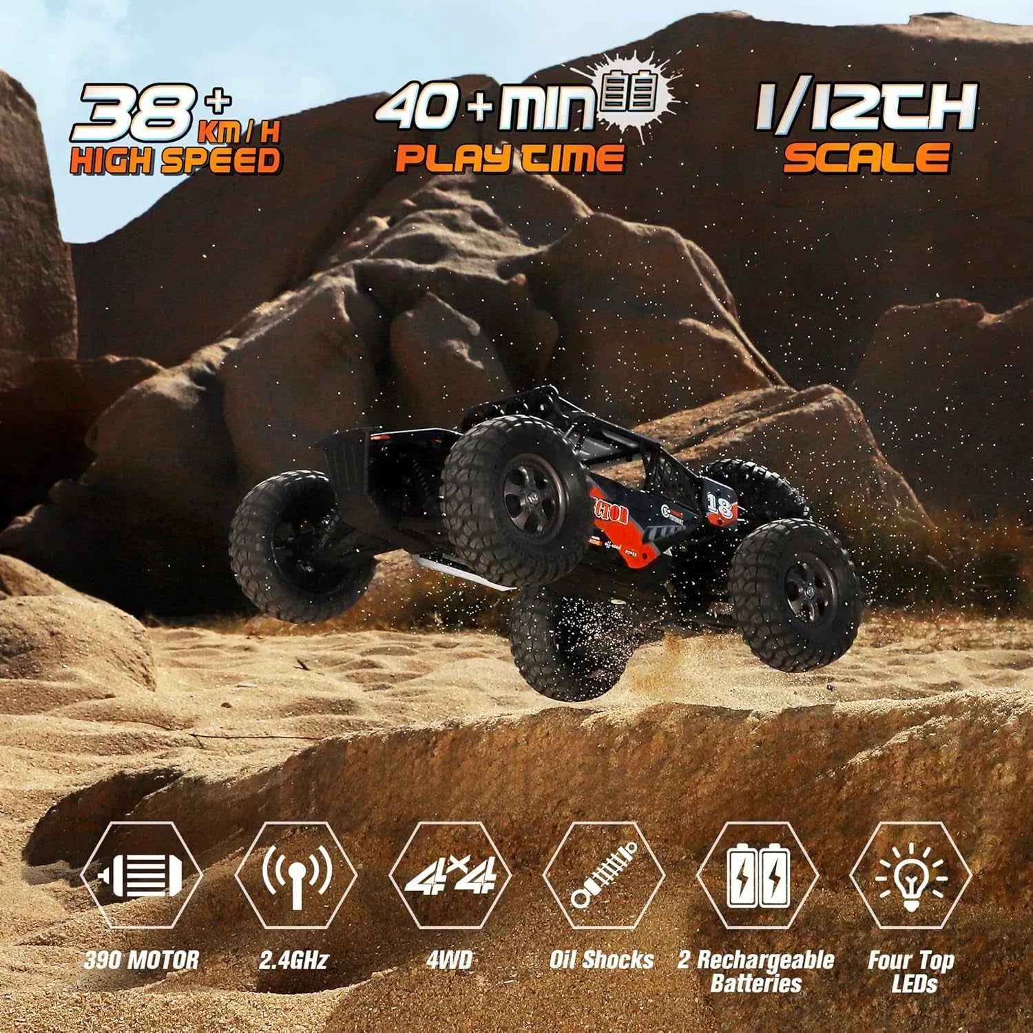 Model off-road vehicle on rocky terrain with specifications displayed.