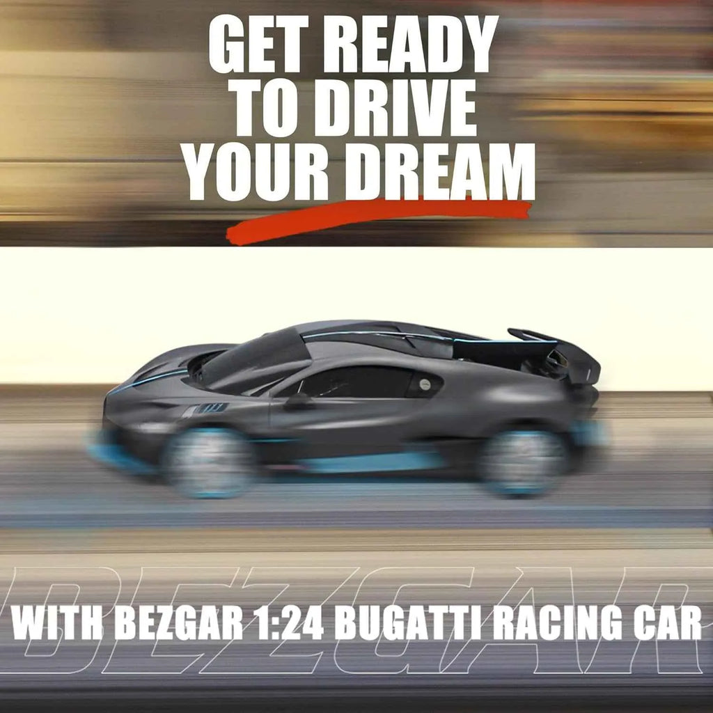 Model racing car with text 'Get ready to drive your dream' and 'Bezgar 1:24 Bugatti racing car' on a blurred background.
