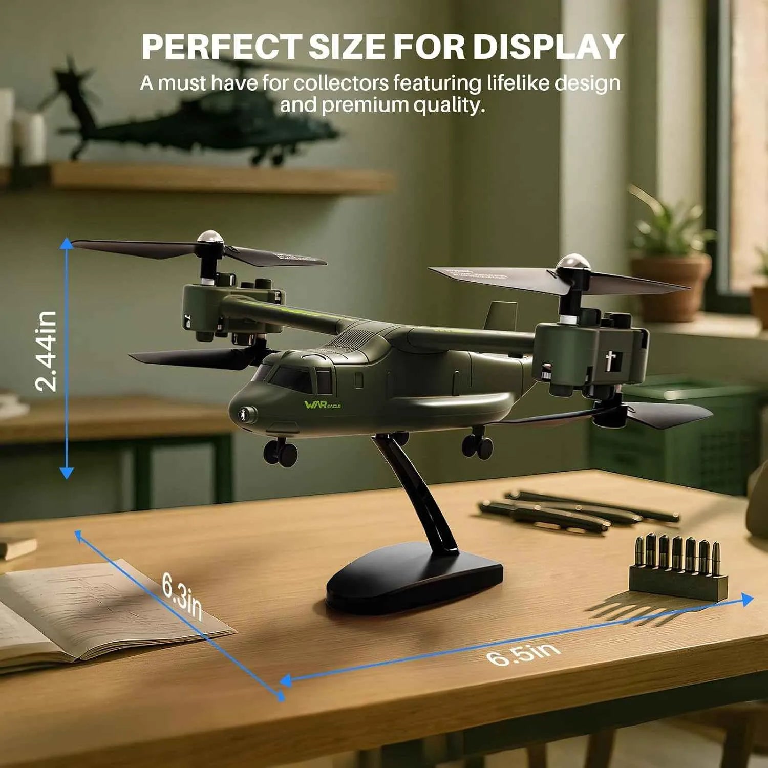 Model RC aircraft on a stand with dimensions labeled, set against a blurred indoor background.