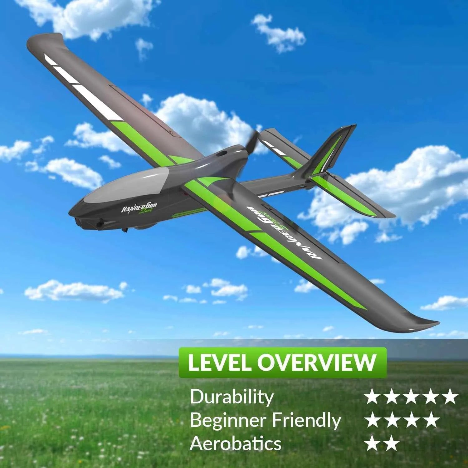 Model RC airplane flying in the sky with a grassy field and blue sky background