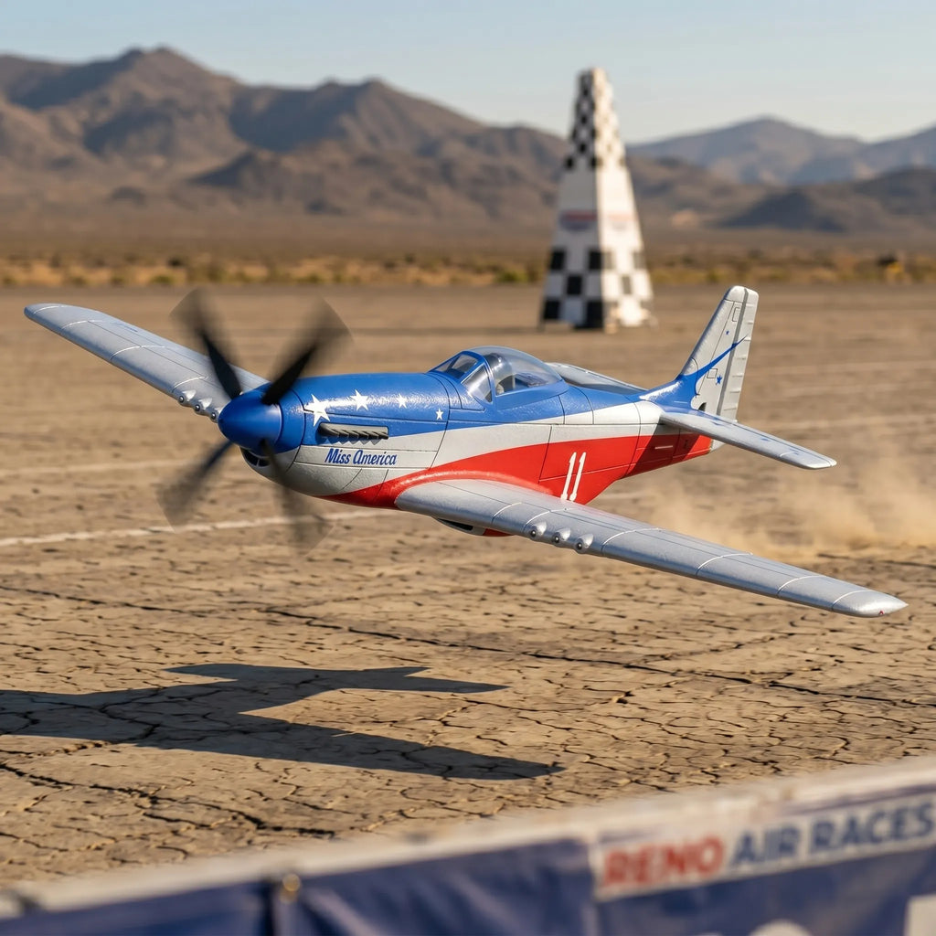 Model RC airplane in flight with desert landscape and checkered tower in the background