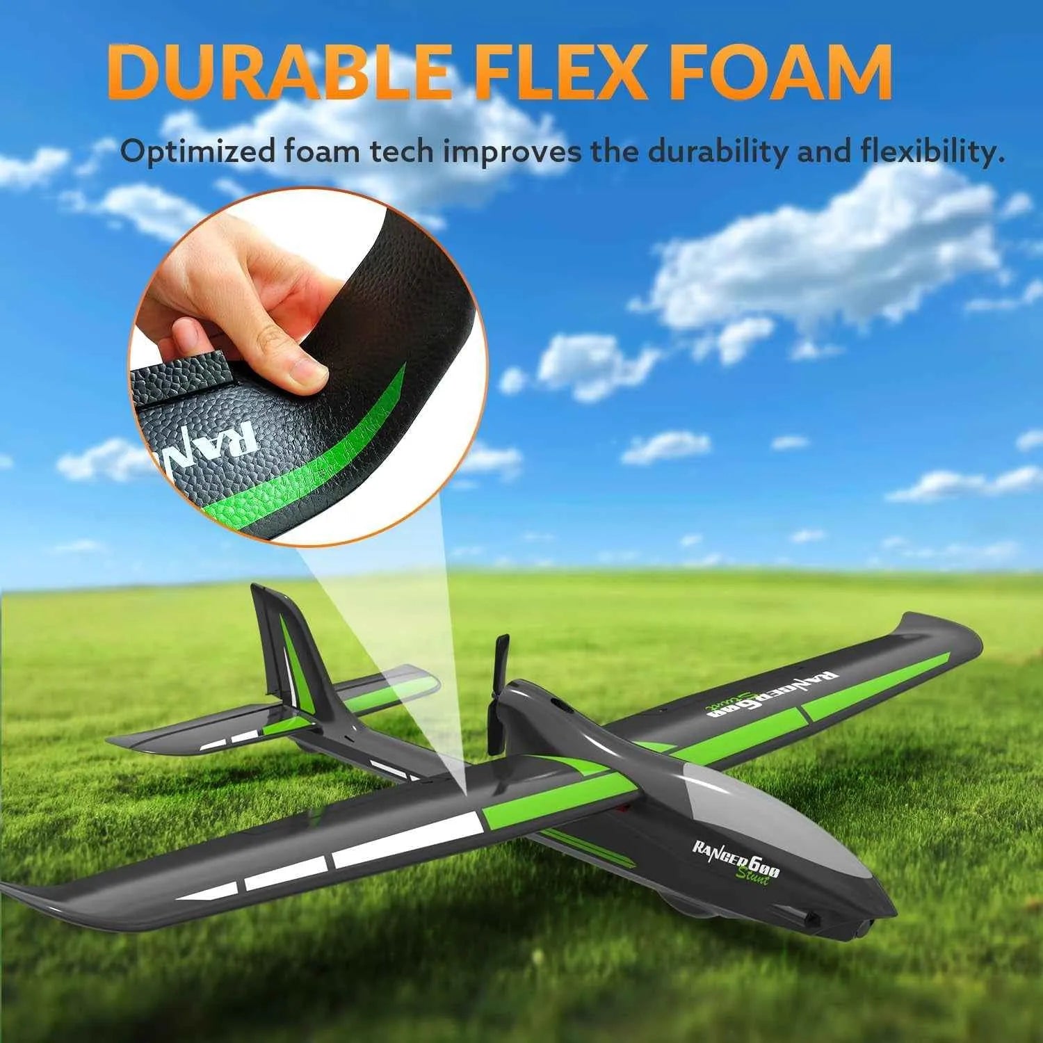 Model RC airplane on grass with durable flex foam feature highlighted