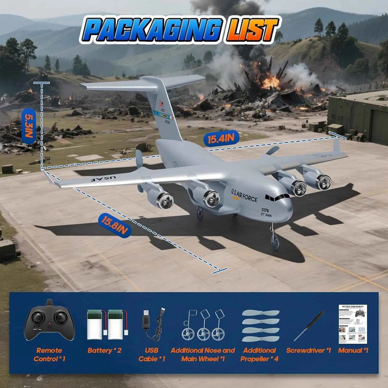 Model RC airplane packaging list with remote control, batteries, and accessories on a background of an airplane and explosions.