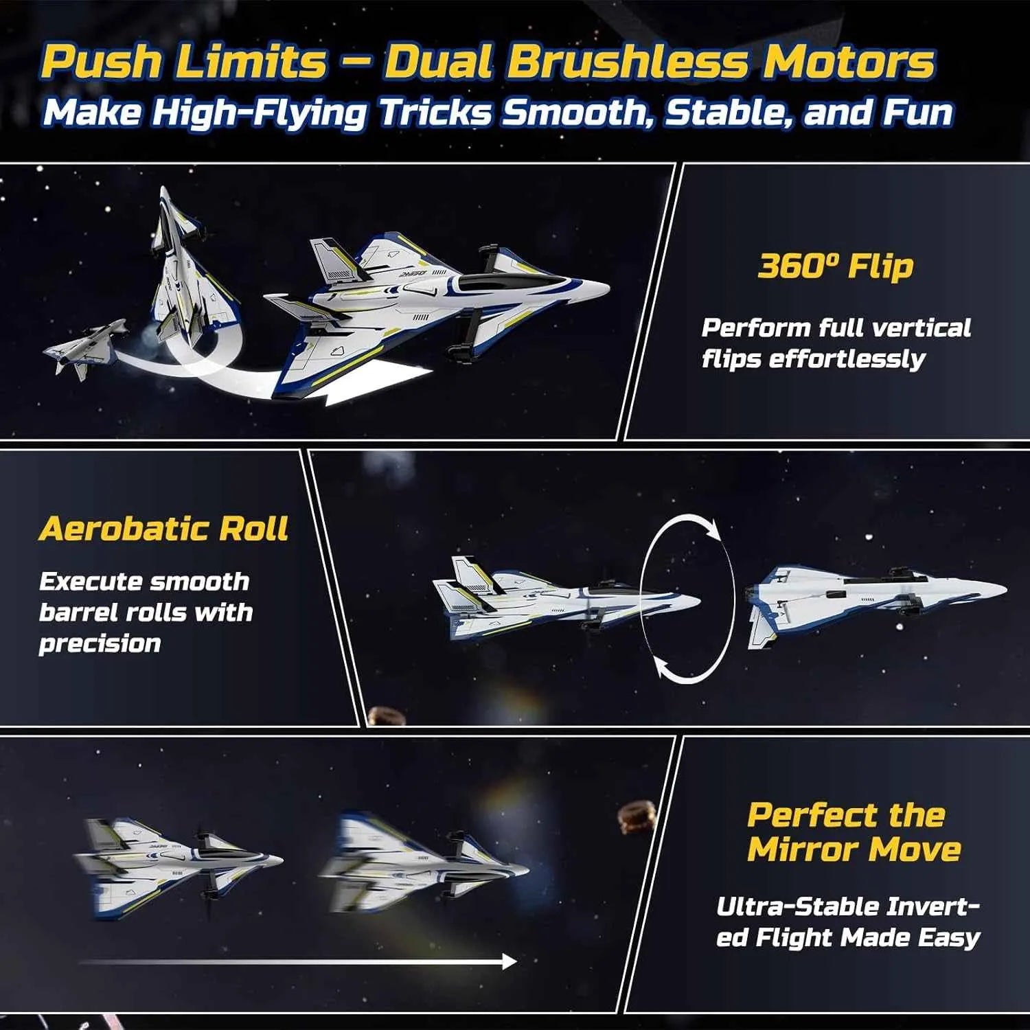 Model RC airplane performing aerial maneuvers with text highlighting features like 360-degree flips and aerobatic rolls.