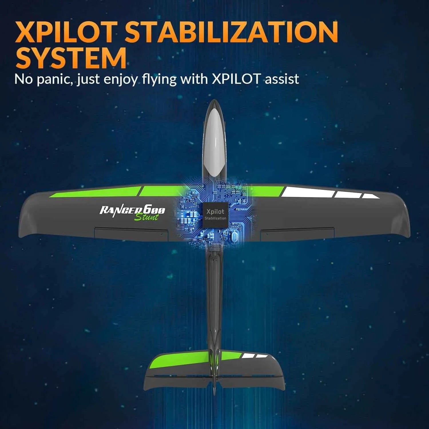 Model RC airplane with XPILOT stabilization system on a dark blue background
