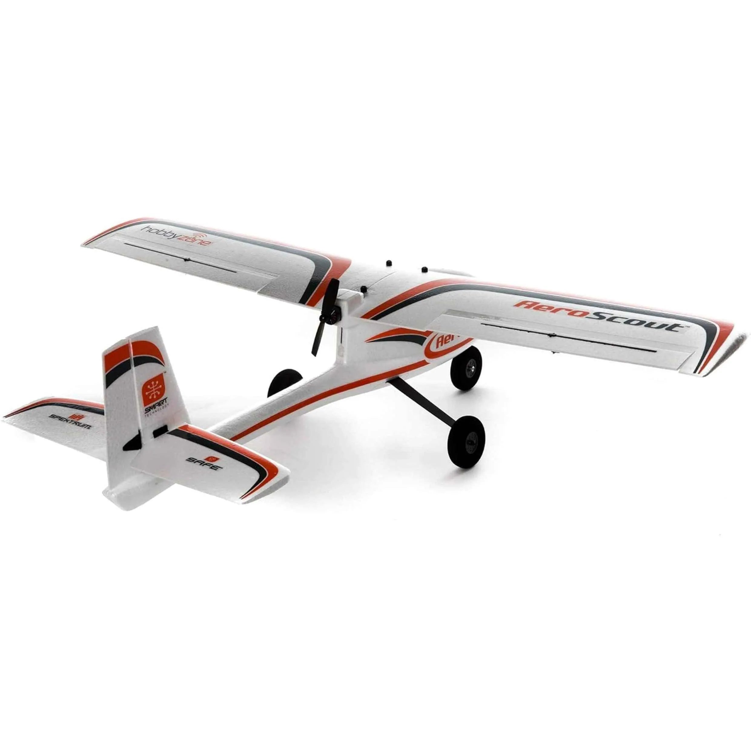 Model RC airplane with 'aeroScout' branding on a white background