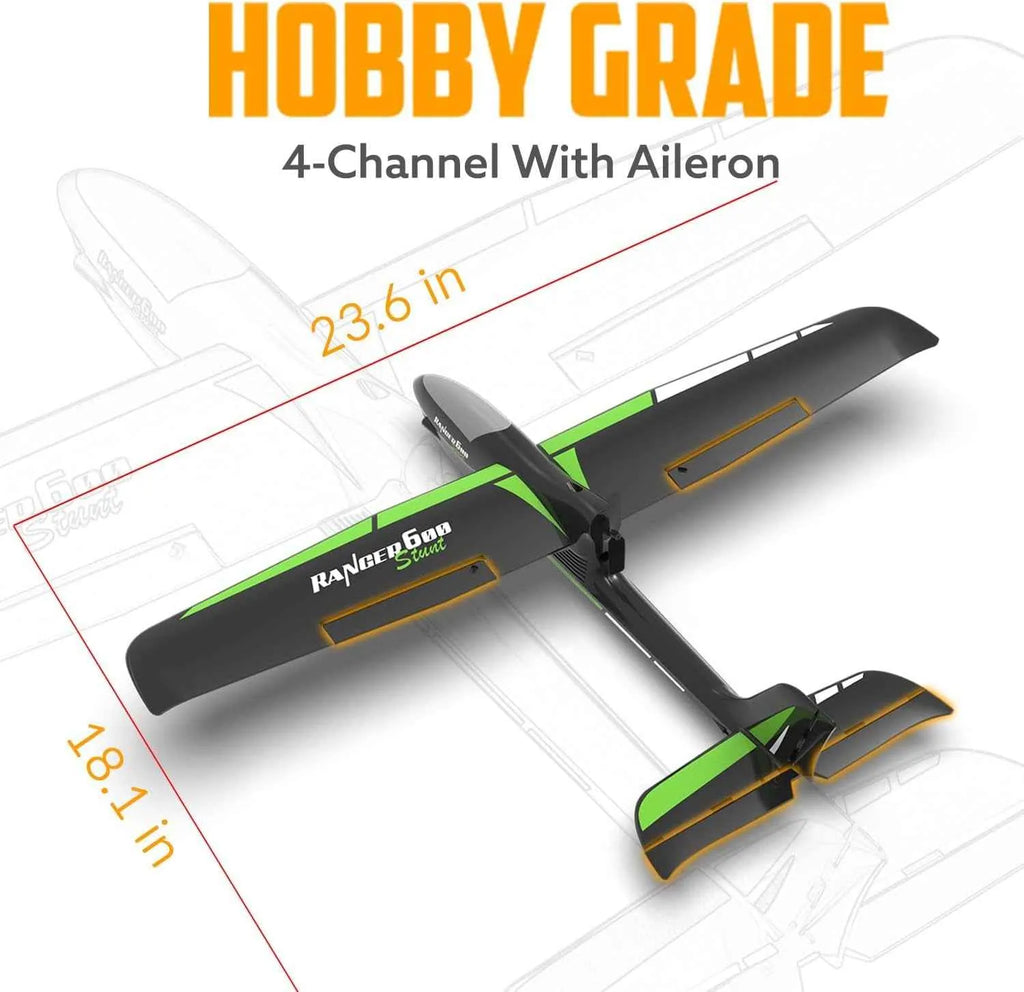 Model RC airplane with dimensions and 'Hobby Grade' text on a white background