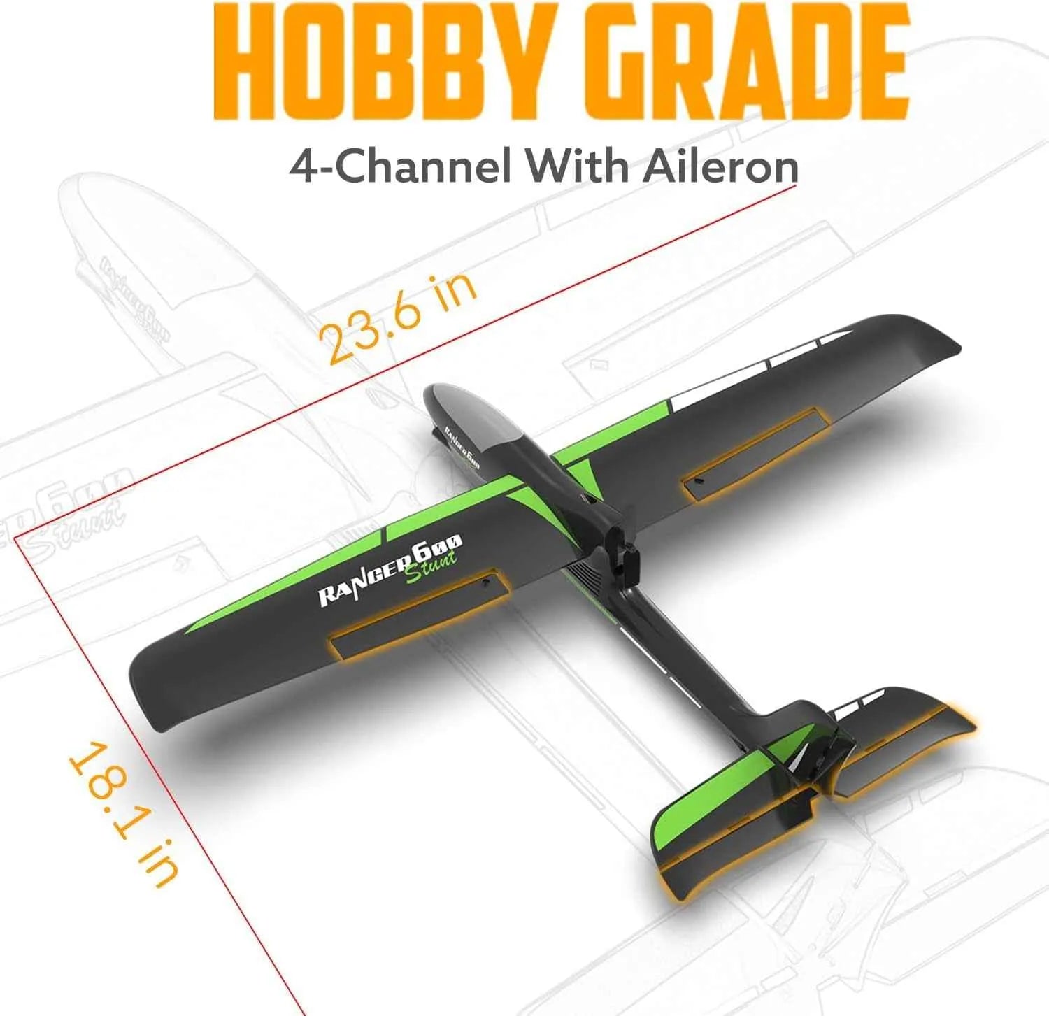 Model RC airplane with dimensions and 'Hobby Grade' text on a white background