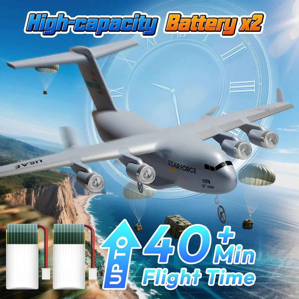 Model RC airplane with high-capacity battery text and flight time display against a scenic background
