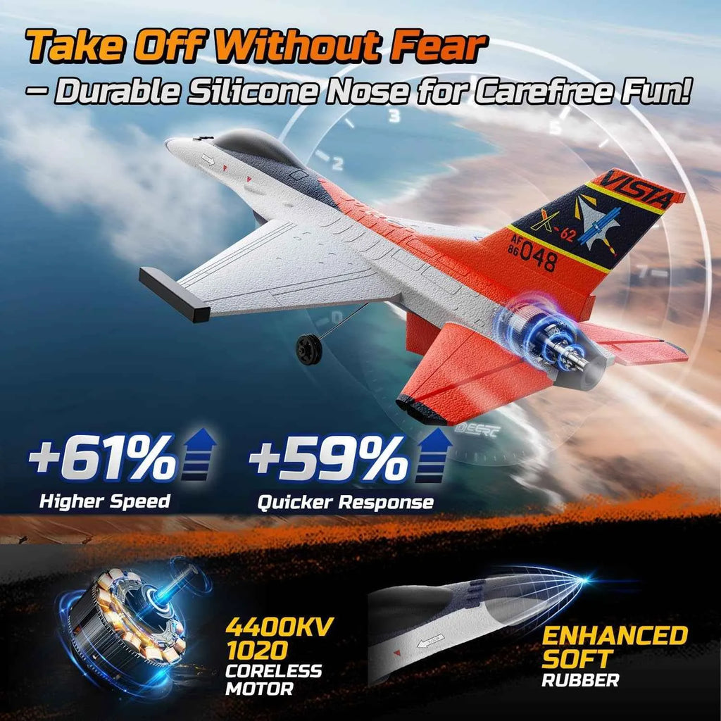 Model RC airplane with promotional text about durability and performance features.
