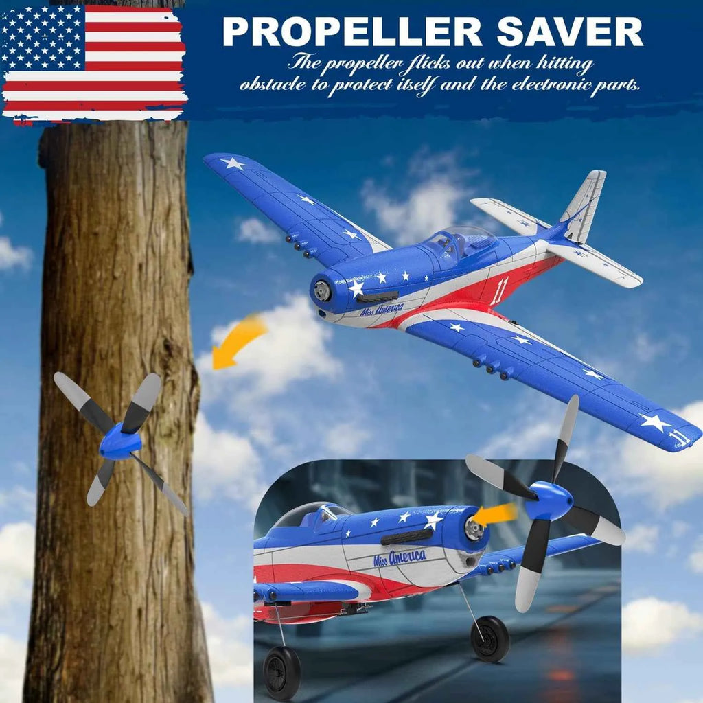 Model RC airplane with propeller saver feature against a blue sky background