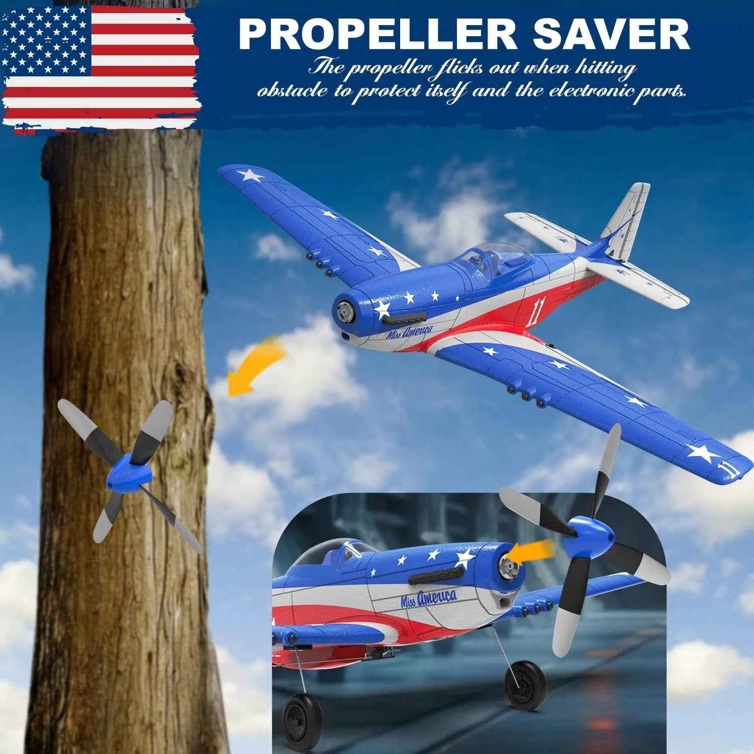 Model RC airplane with propeller saver feature against a blue sky background