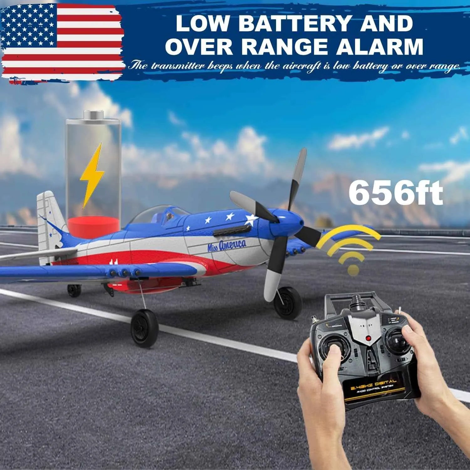 Model RC airplane with remote control on runway, highlighting low battery and over range alarm features.
