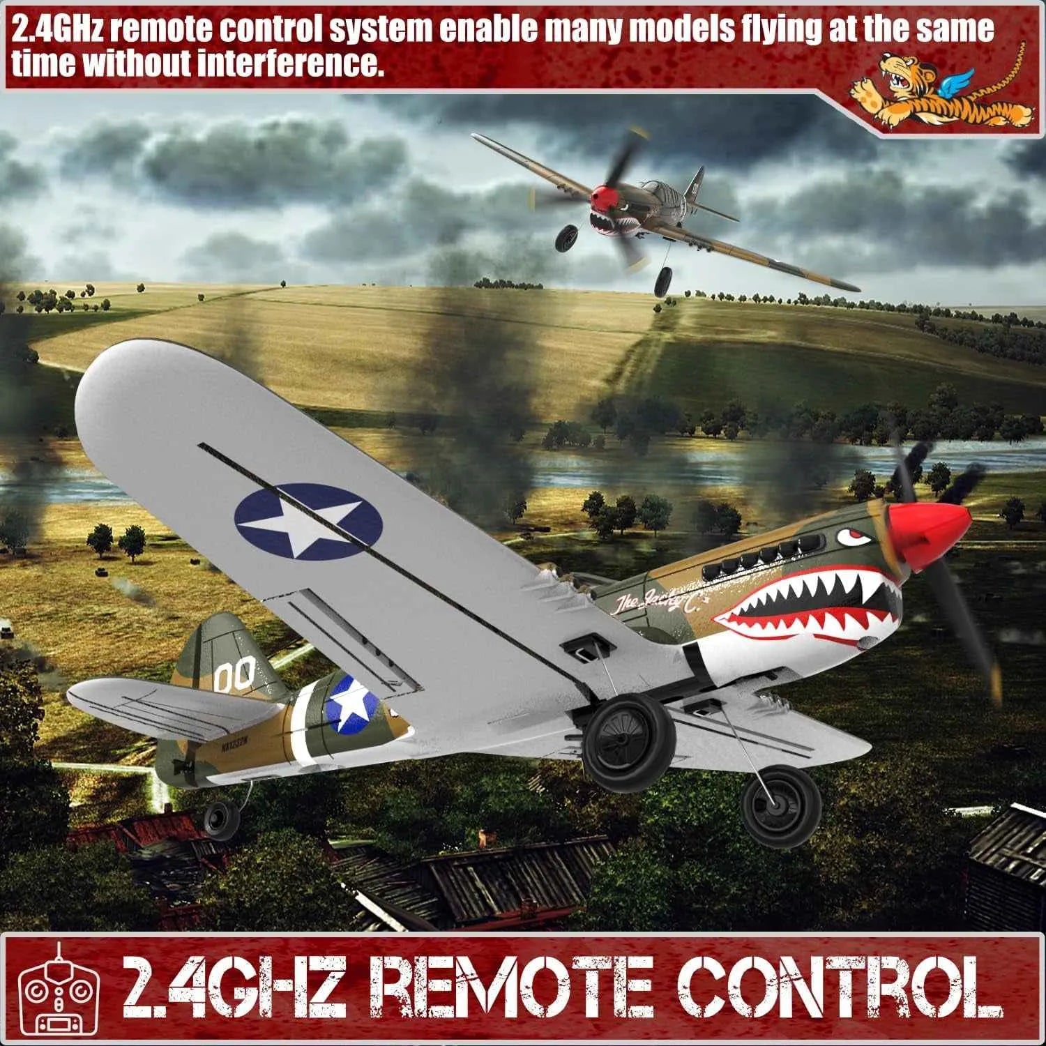 Model RC  airplane with shark design flying over a landscape, with text about 2.4GHz remote control system.