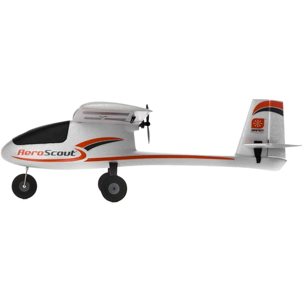 Model RC airplane with side look and 'AeroScout' branding on a white background