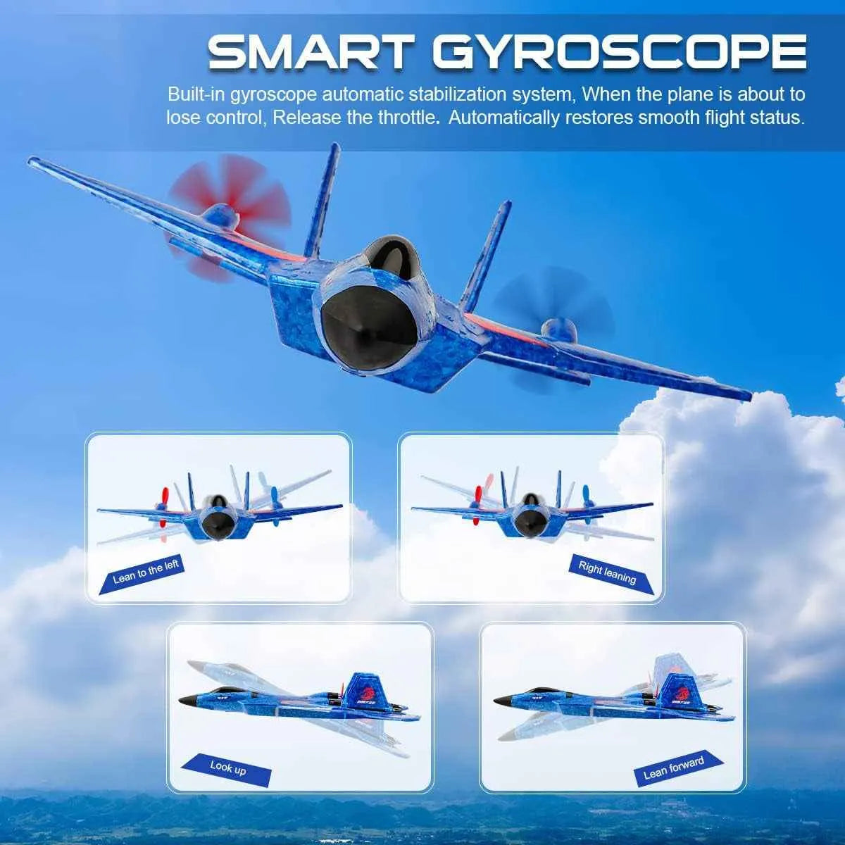 Model RC airplane with smart gyroscope feature against a blue sky background