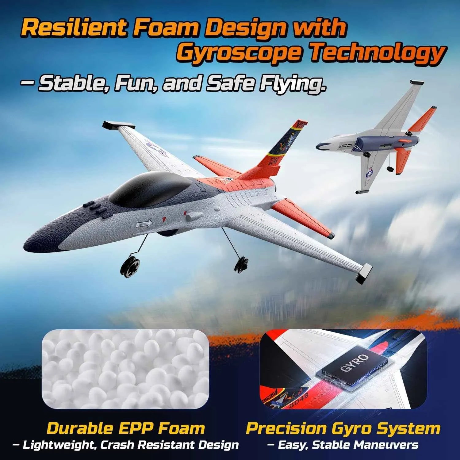 Model RC airplane with text about resilient foam design and gyroscope technology against a cloudy sky background.