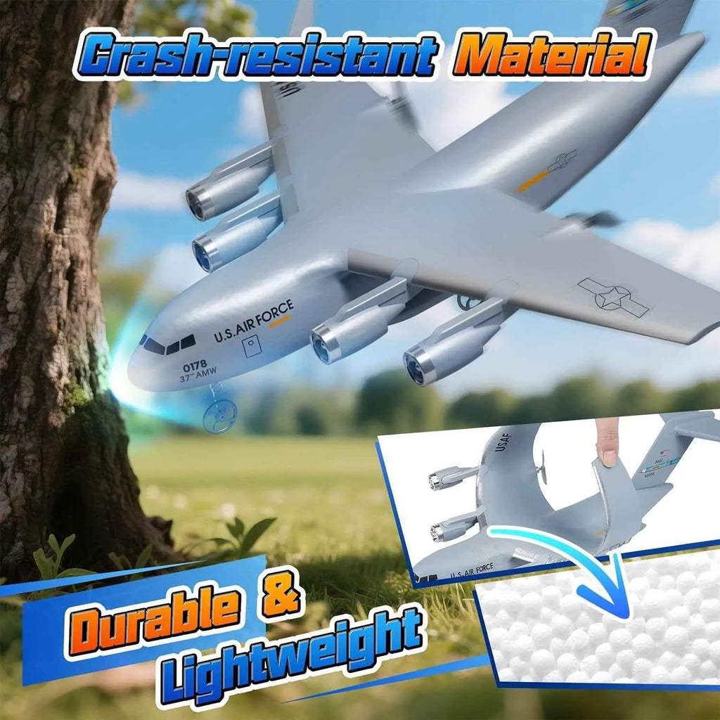 Model RC airplane with text highlighting crash-resistant material, durable, and lightweight features.