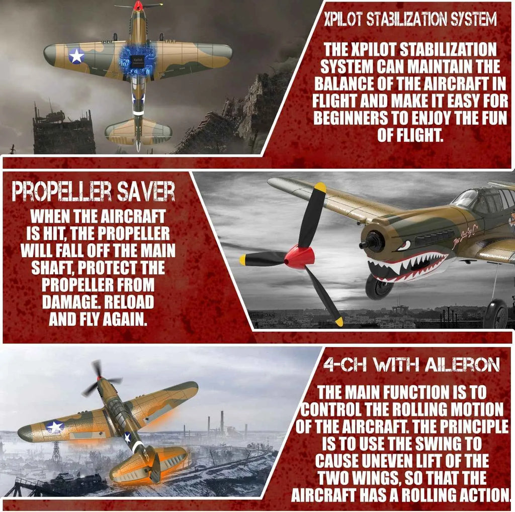 Model RC airplane with Xpilot stabilization system and propeller saver features, set against a backdrop of a cityscape.