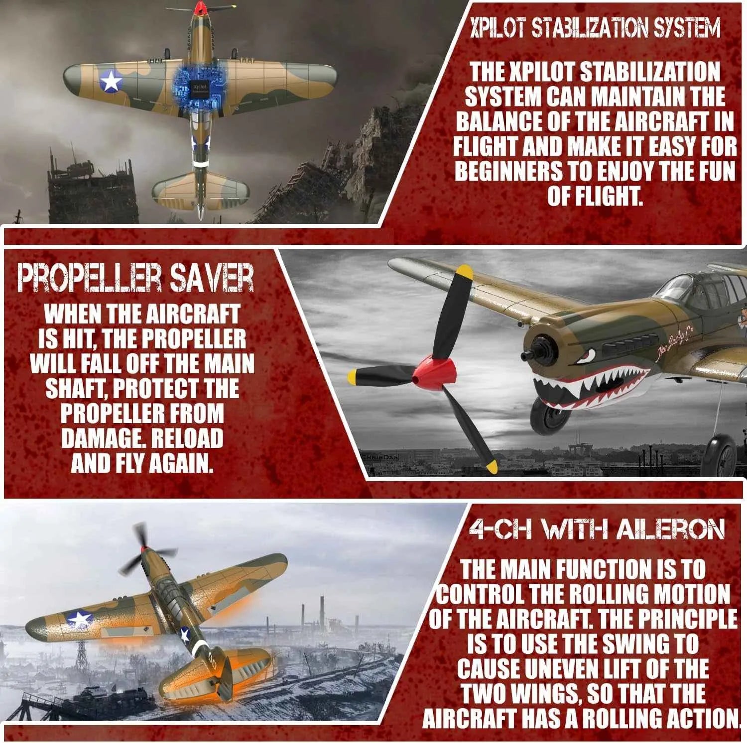 Model RC airplane with Xpilot stabilization system and propeller saver features, set against a backdrop of a cityscape.