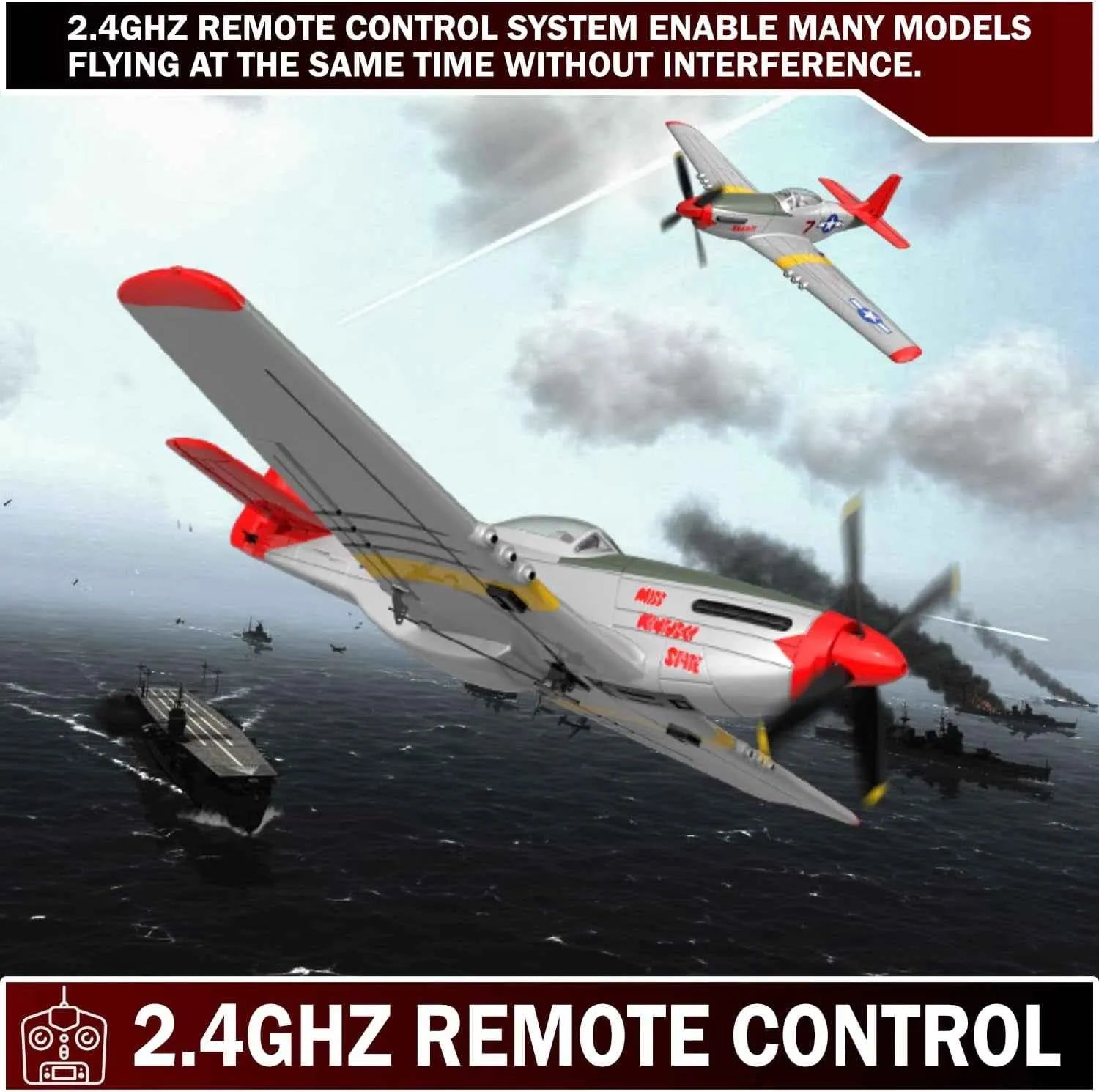 Model RC airplanes flying over water with text about 2.4GHz remote control system.