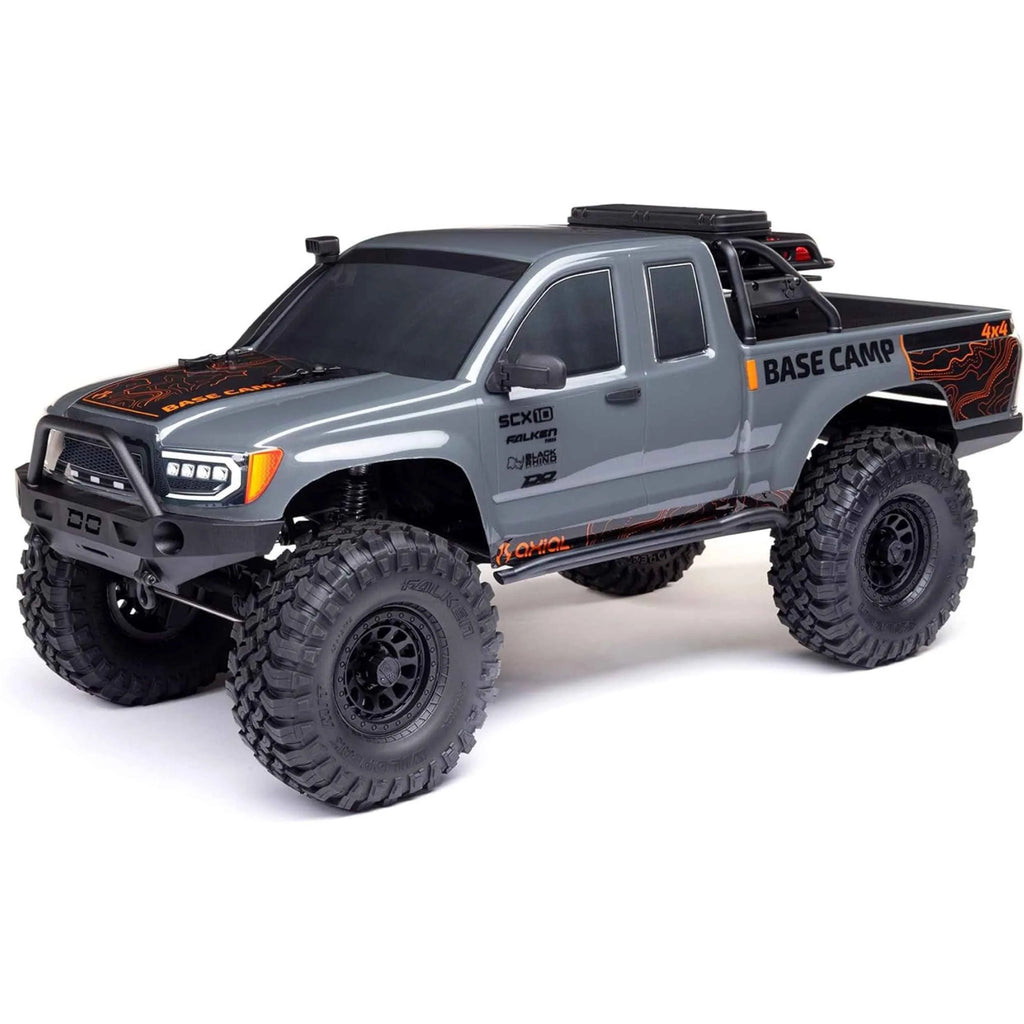 Model RC crawler with 'Base Camp' branding on a white background