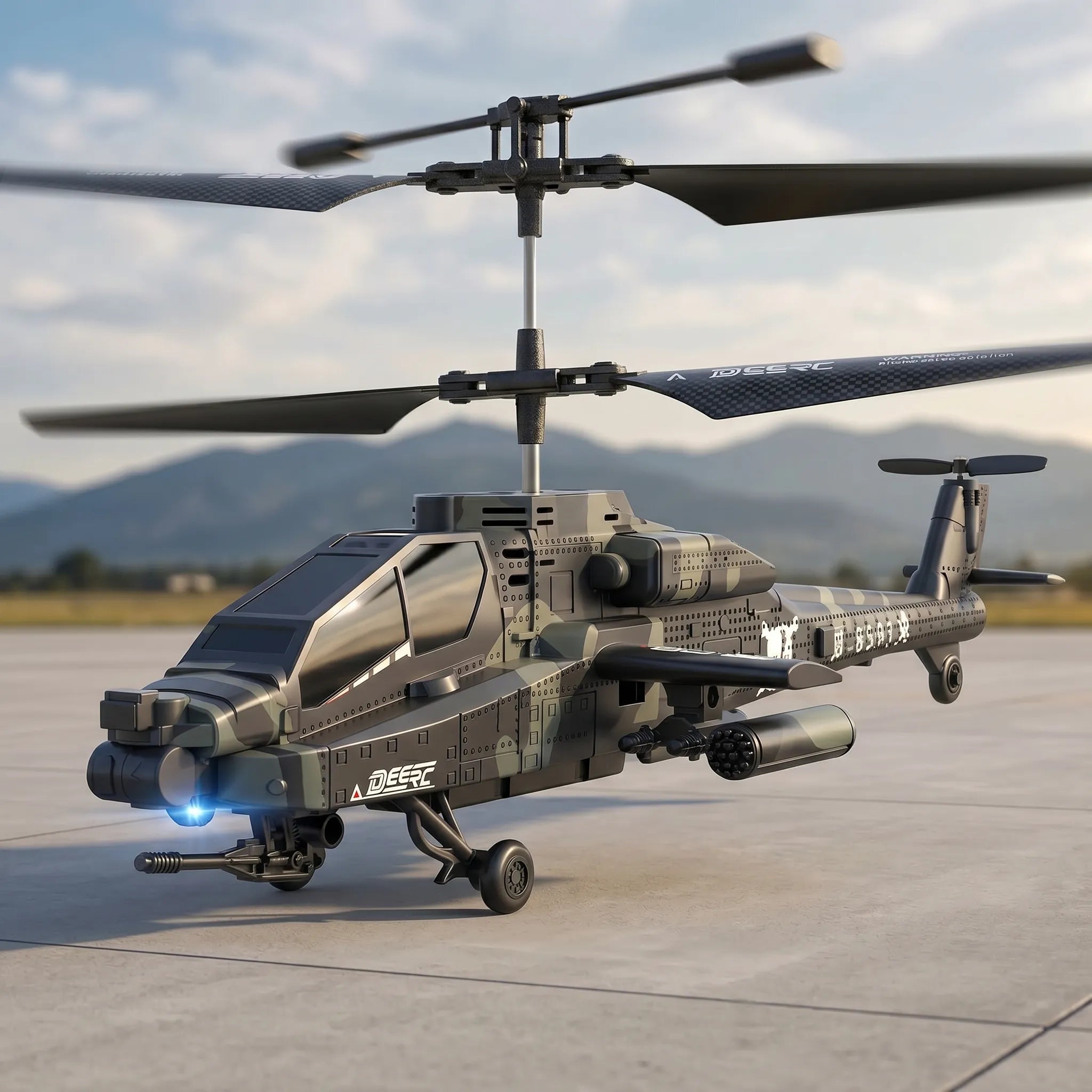 Model RC helicopter in grey on a runway with mountains in the background