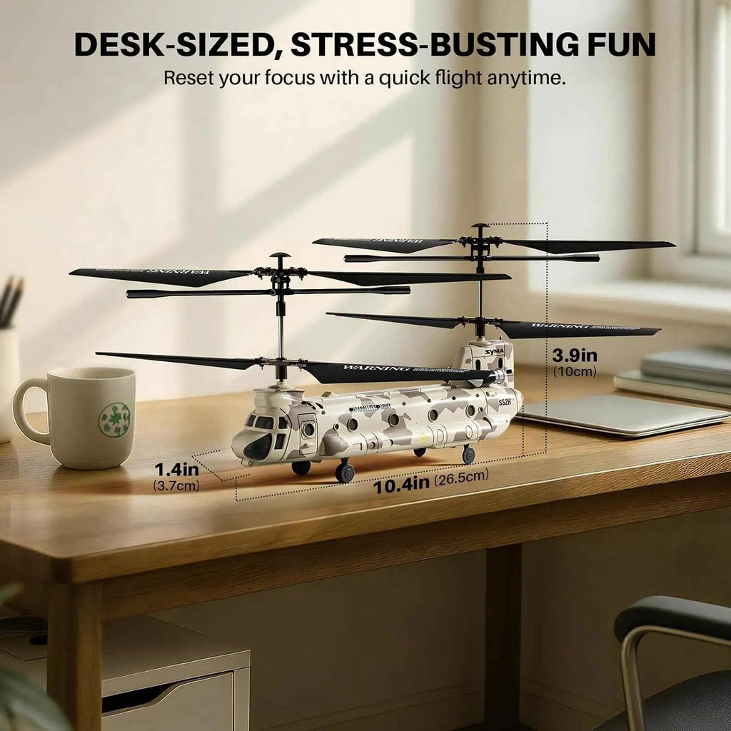 Model RC helicopter on a desk with measurements and text about stress relief.