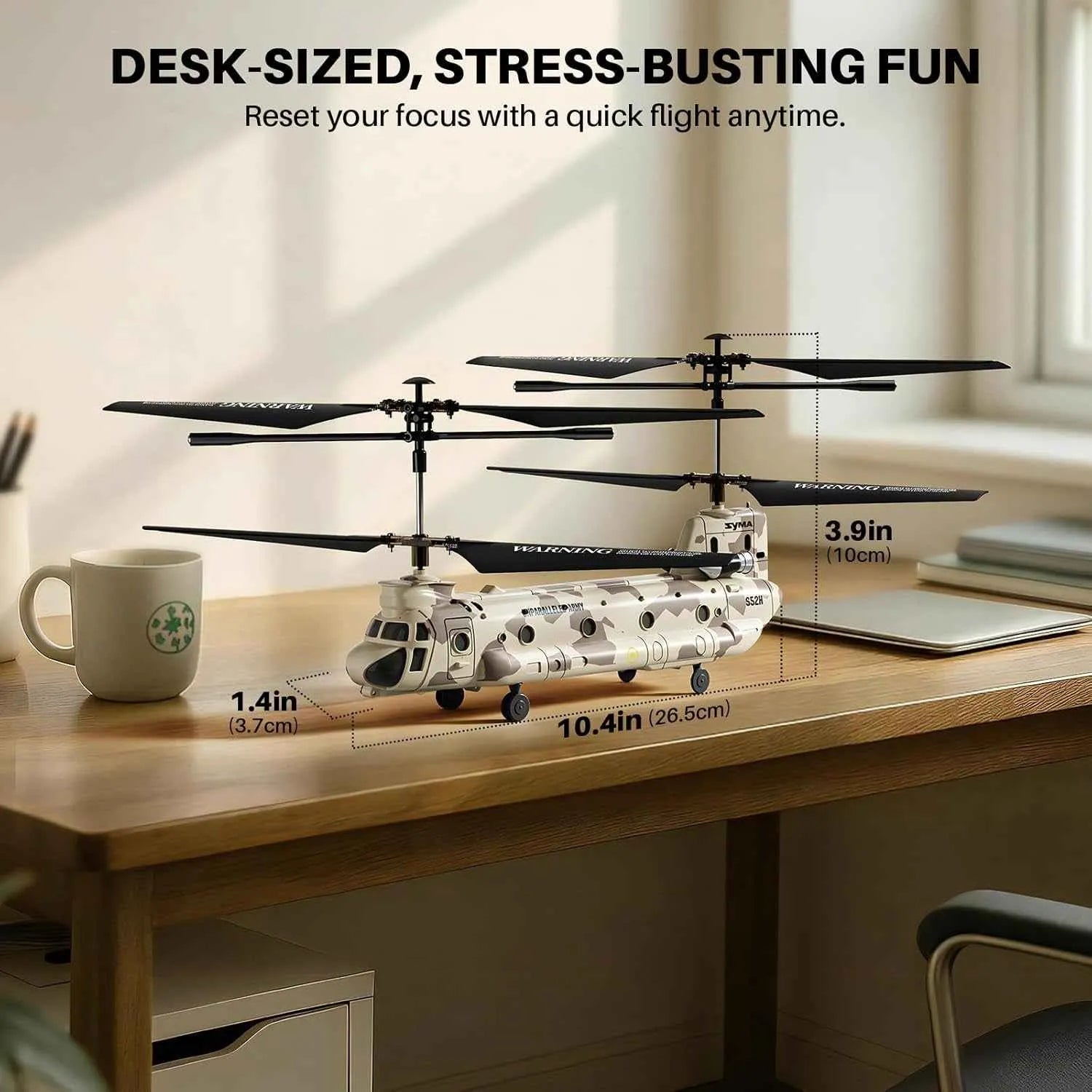 Model RC helicopter on a desk with measurements and text about stress relief.