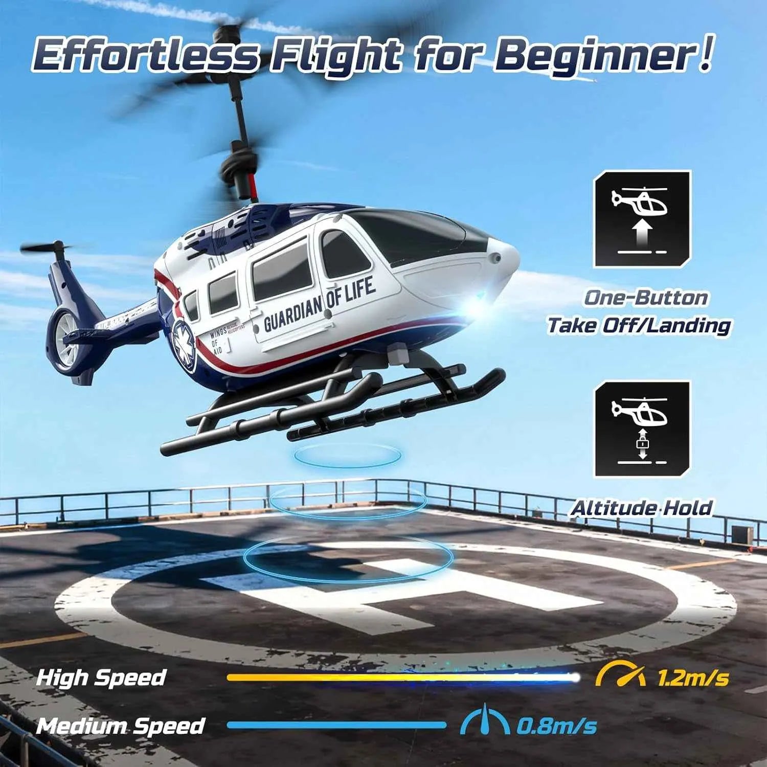 Model RC helicopter with 'Guardian of Life' branding on a helipad against a blue sky.