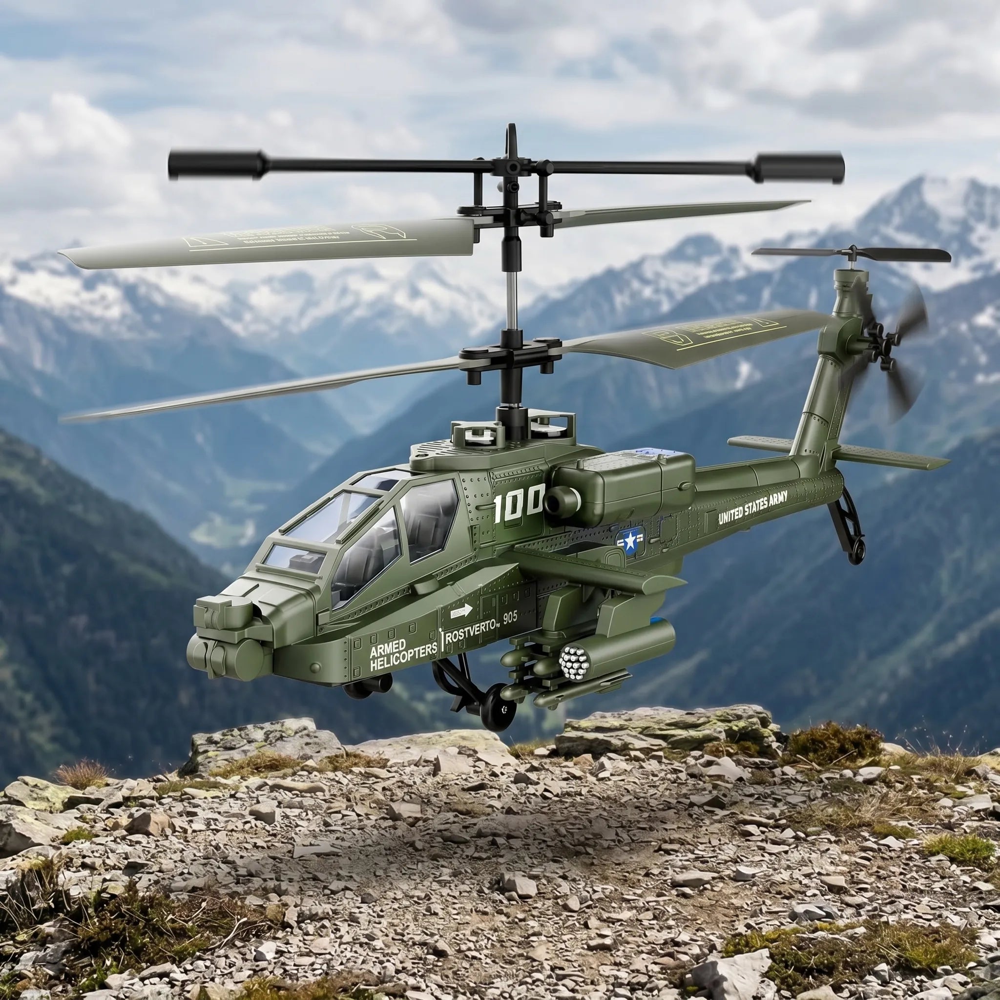 Model RC helicopter with U.S. Army branding flying over mountainous terrain