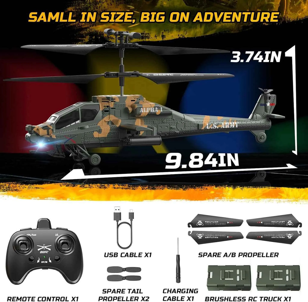 Model RC helicopter with remote control and accessories on a colorful background