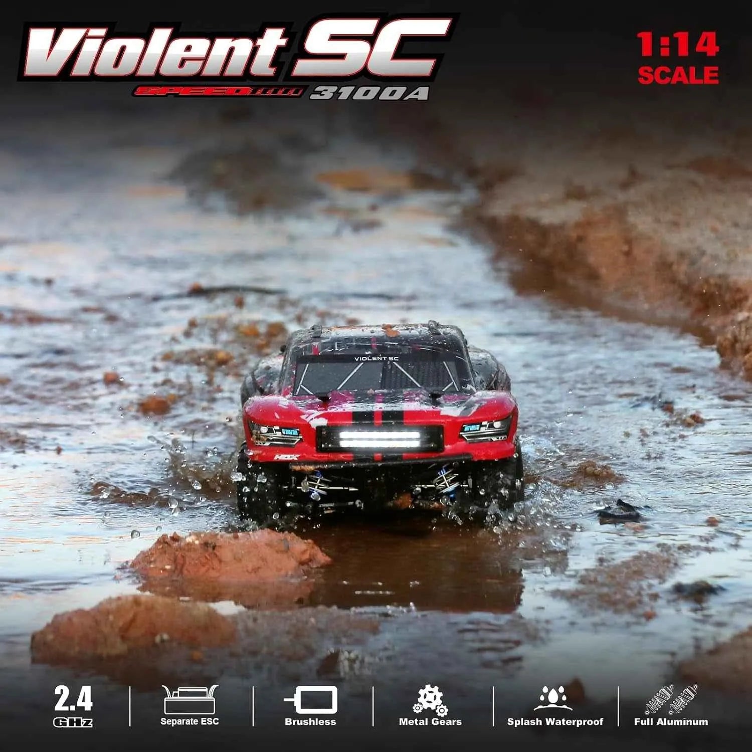 Model short course truck in action on a muddy terrain with 'Violent SC' branding.